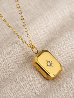 Gold Rectangular Tag Pendant Necklace | Starburst Zircon |